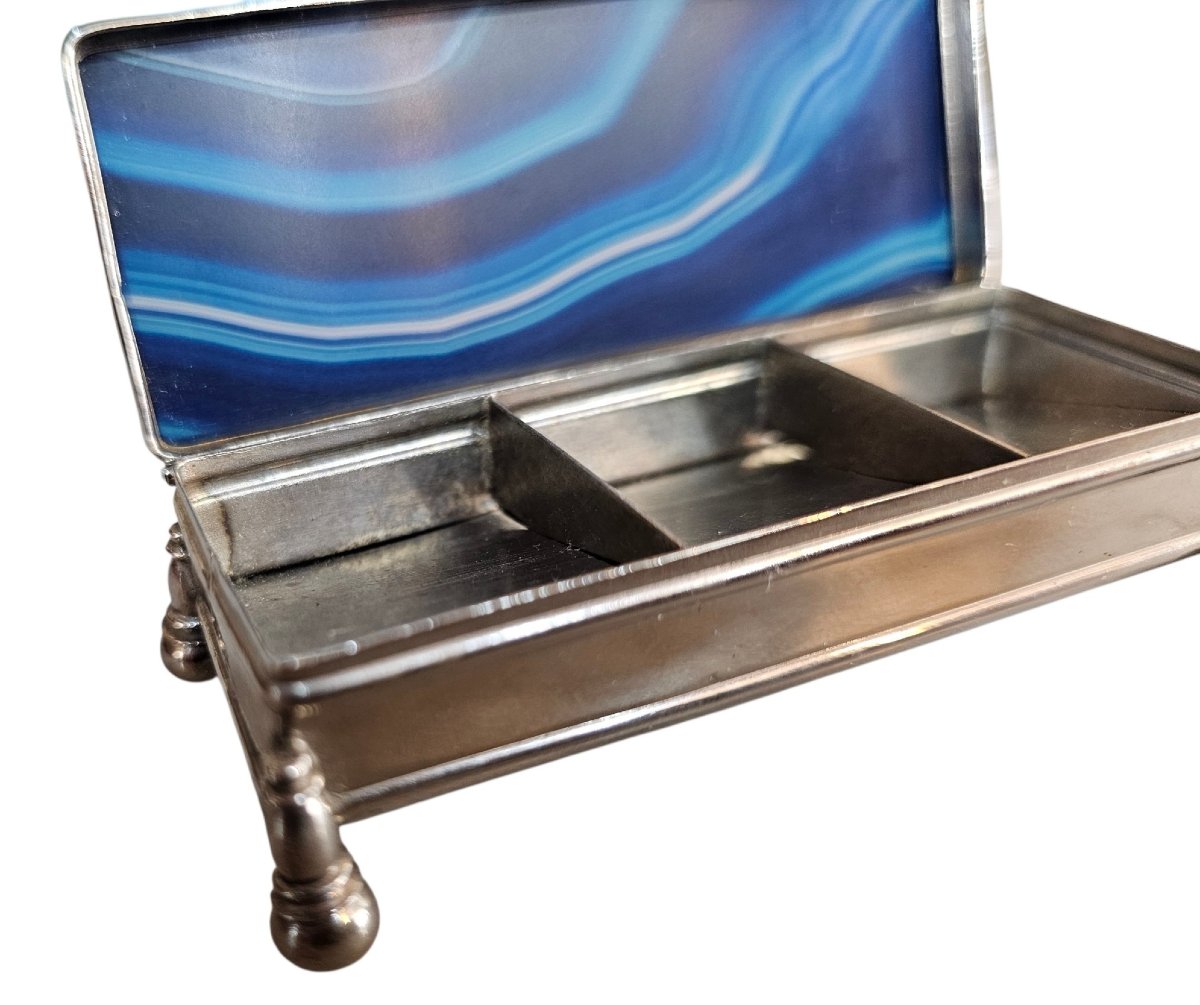 Stamp Box In Silver-plated Metal And Blue Agate-photo-1