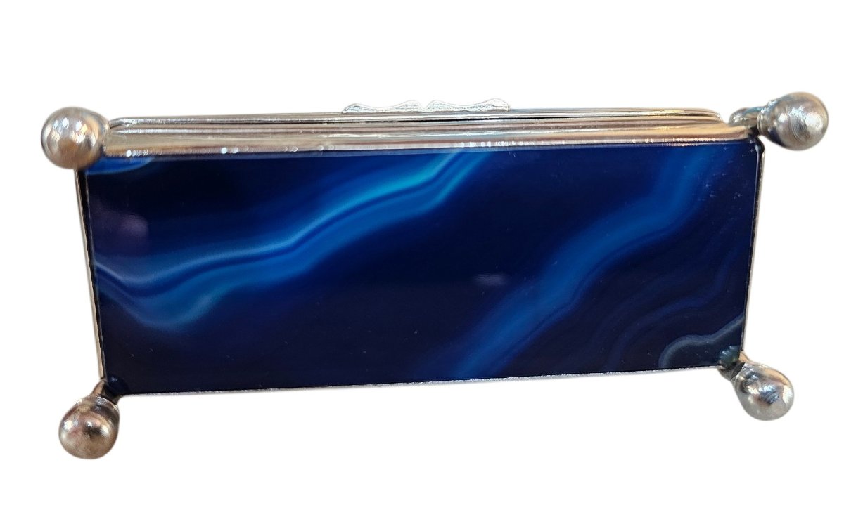 Stamp Box In Silver-plated Metal And Blue Agate-photo-2