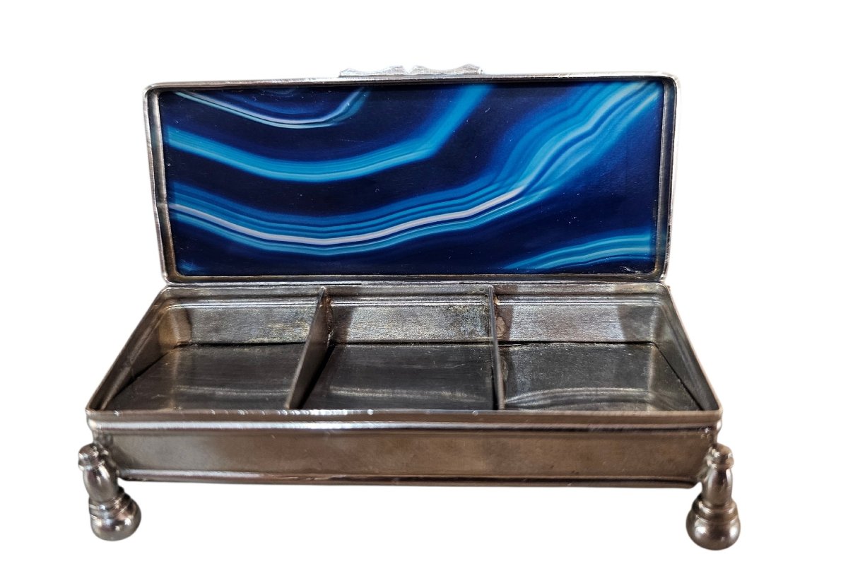 Stamp Box In Silver-plated Metal And Blue Agate