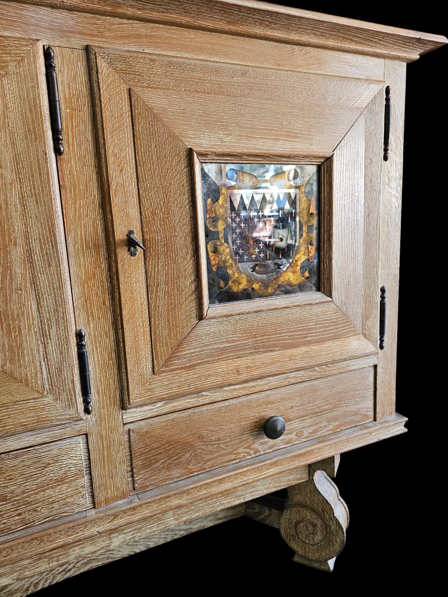 Enfilade des années 40 en chêne cérusé et incrustation de plaques en verre églomisé -photo-8