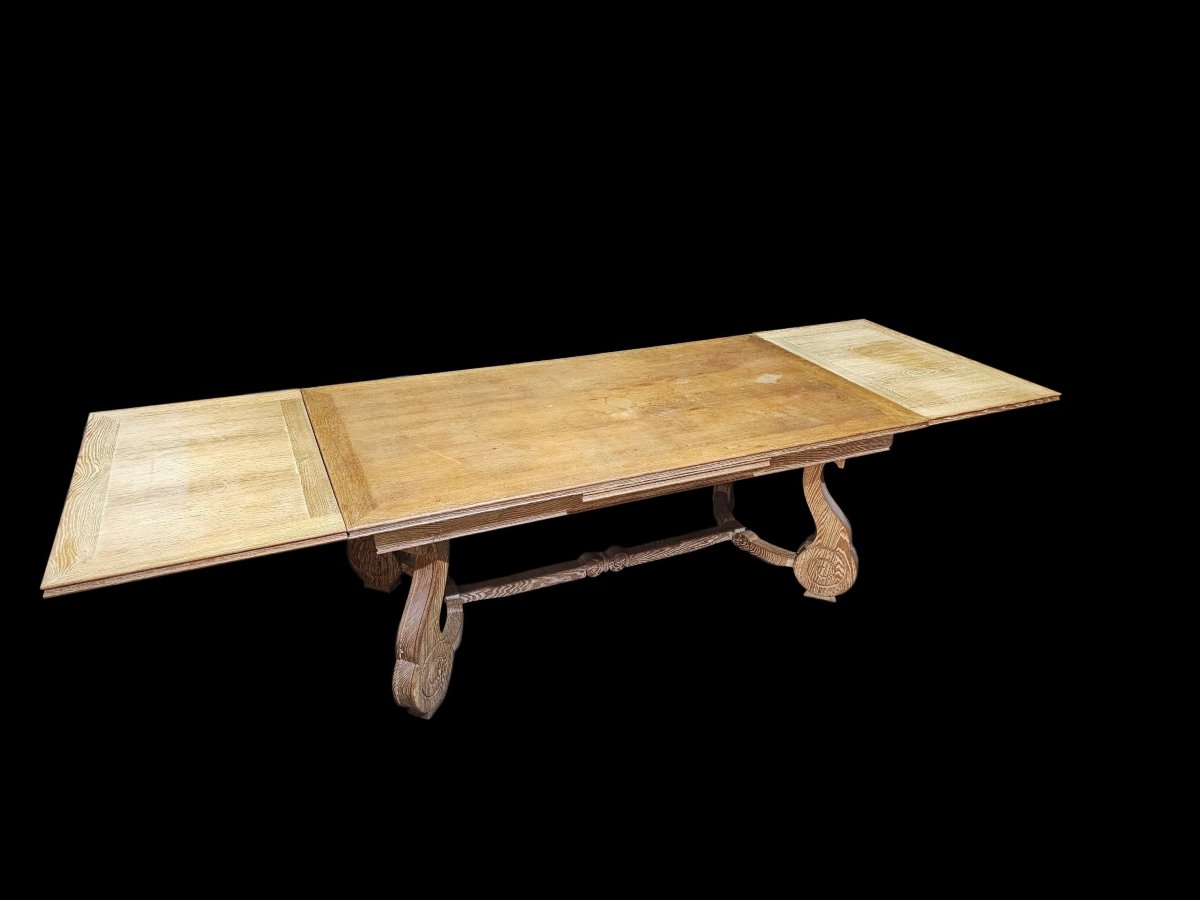 1940s Dining Table With Two Extension Leaves Stored Under The Ceruse-finished Oak Tabletop-photo-4