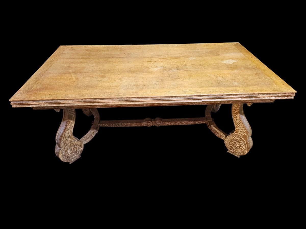 1940s Dining Table With Two Extension Leaves Stored Under The Ceruse-finished Oak Tabletop
