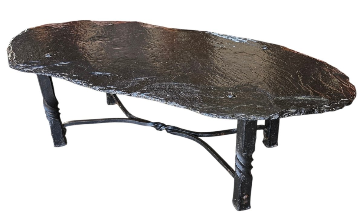 Brutalist Coffee Table, Slate Top And Wrought-iron Base, France, Circa 1960