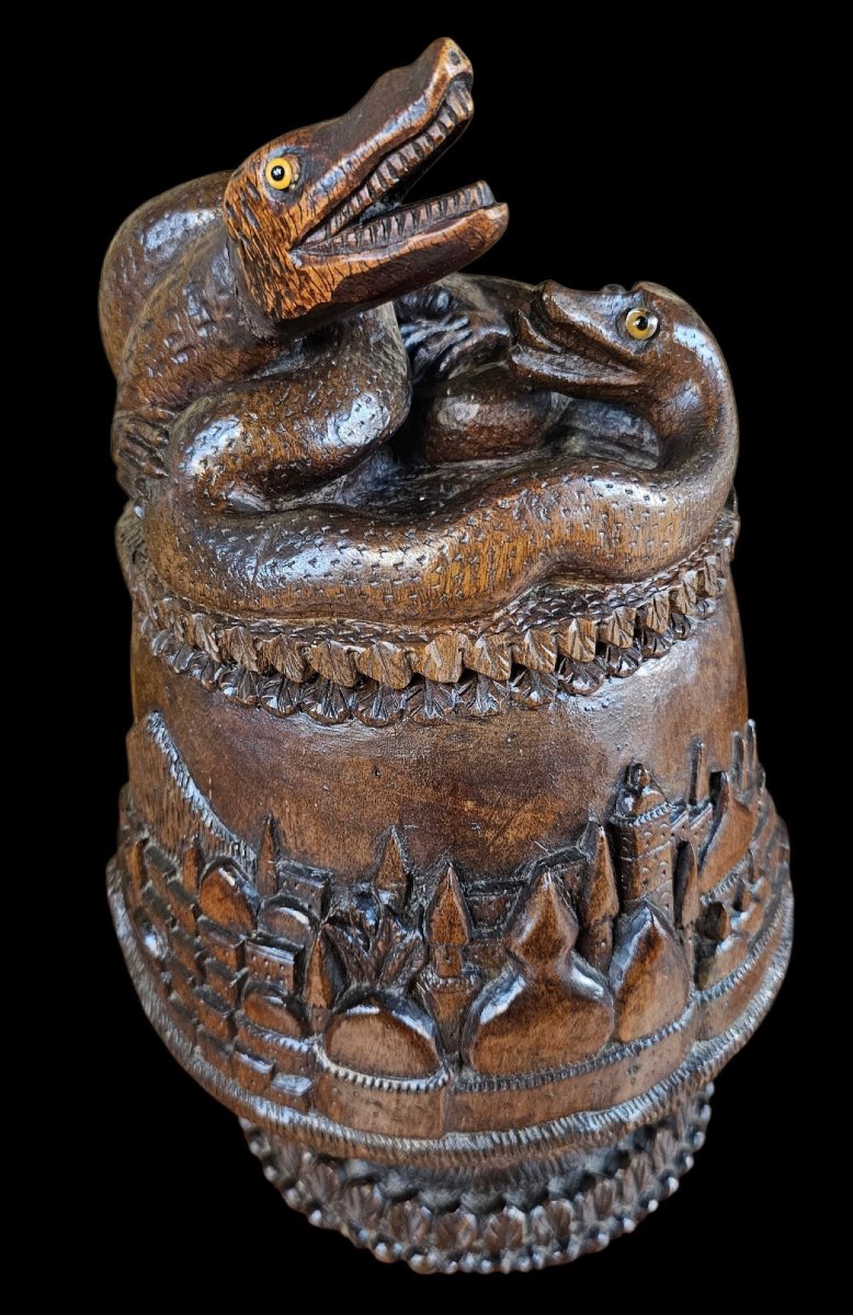 Richly Carved Wooden Tobacco Box Or Jar 