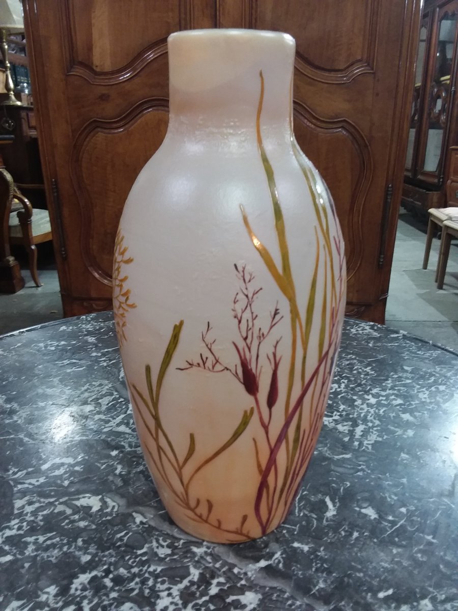 Engraved And Enamelled Glass Vase On An Amber Background Lined With Milky Beige Signed Legras And Dated-photo-4