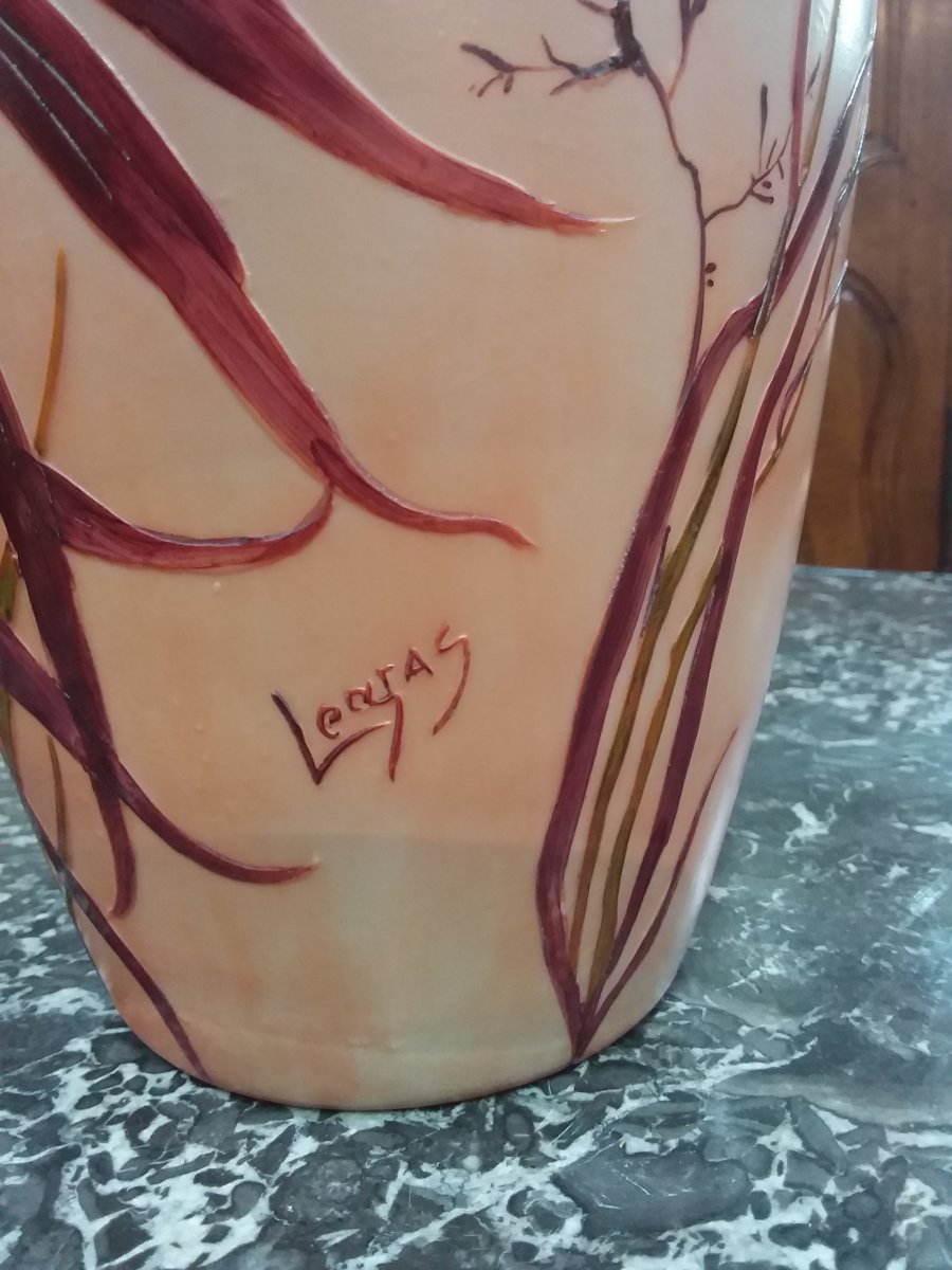 Engraved And Enamelled Glass Vase On An Amber Background Lined With Milky Beige Signed Legras And Dated-photo-2