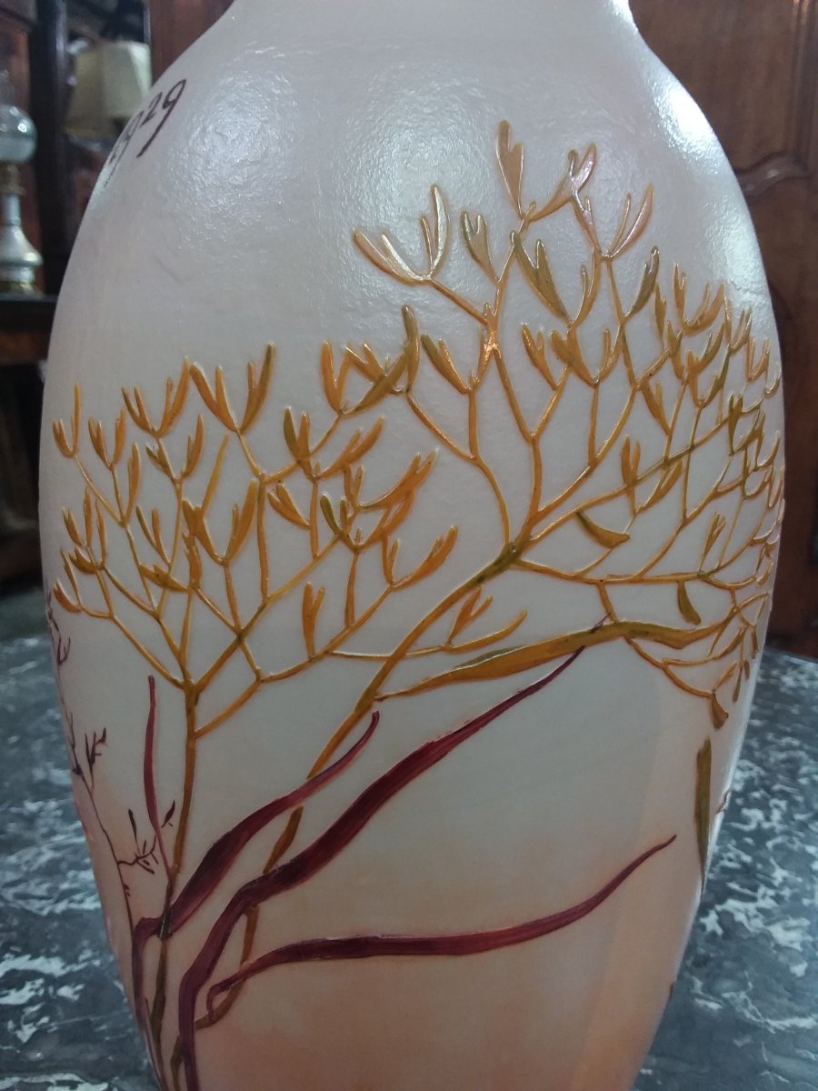 Engraved And Enamelled Glass Vase On An Amber Background Lined With Milky Beige Signed Legras And Dated-photo-3