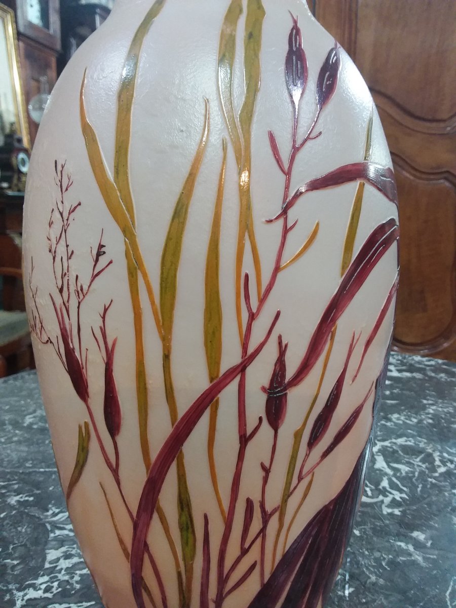 Engraved And Enamelled Glass Vase On An Amber Background Lined With Milky Beige Signed Legras And Dated-photo-4