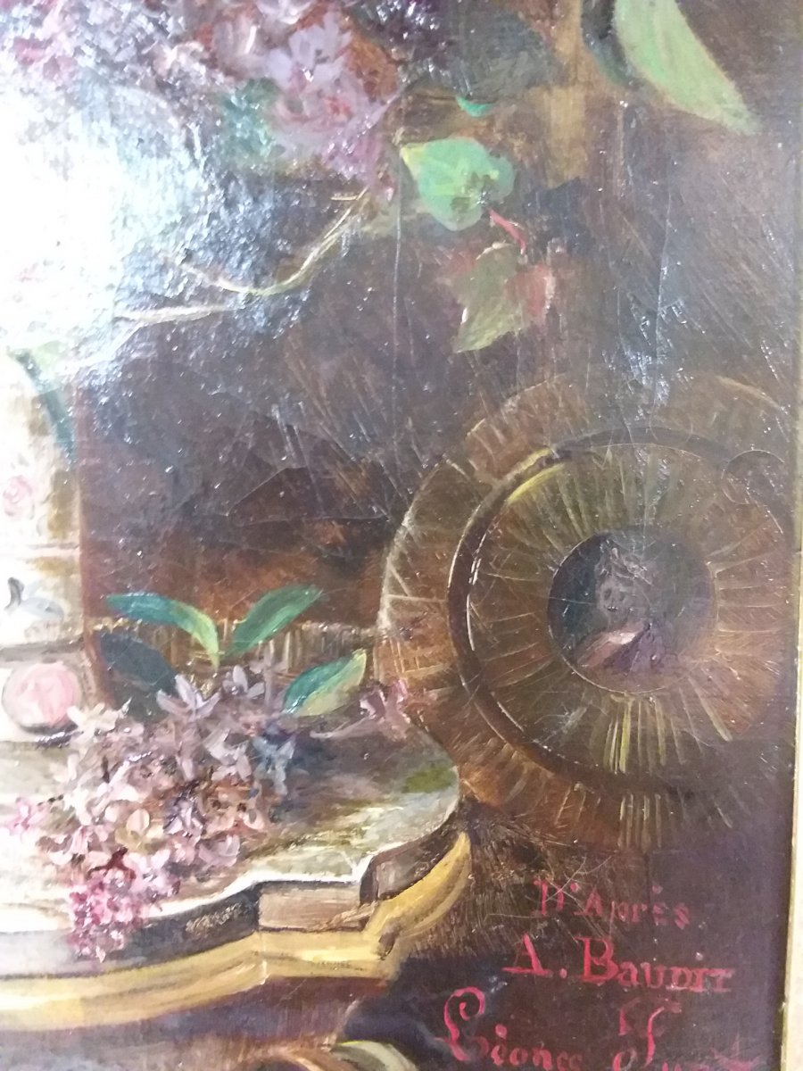 Tableau Encadré Représentant Un Bouquet De Lilas Dans Un Vase, d'Après A Baudit Par Léonce Furt-photo-2