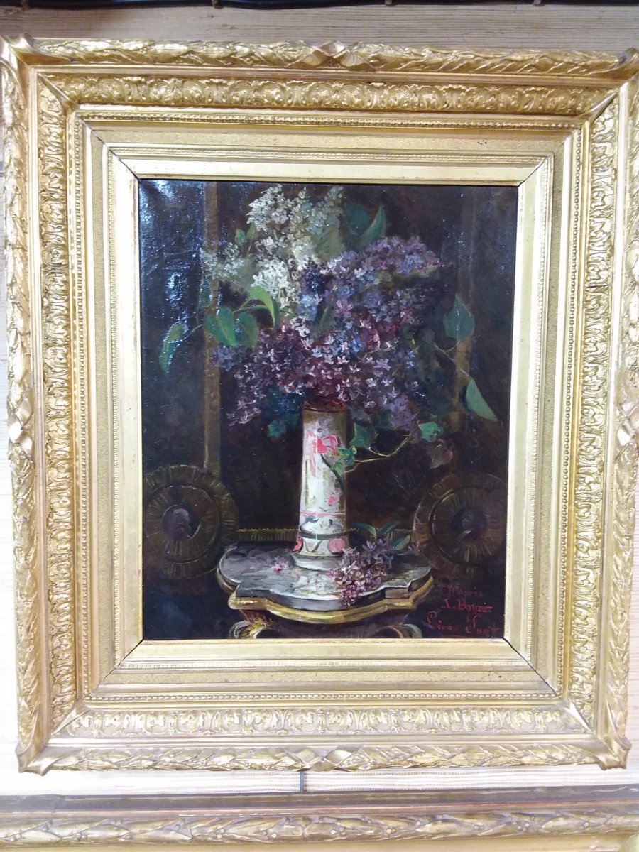 Tableau Encadré Représentant Un Bouquet De Lilas Dans Un Vase, d'Après A Baudit Par Léonce Furt