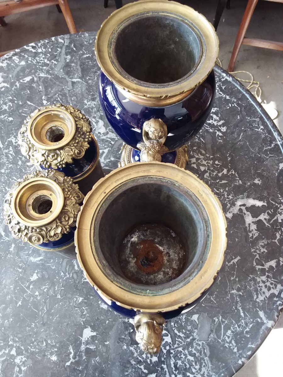 Pair Of Oil Lamp Base In Blue Porcelain And Bronze-photo-6