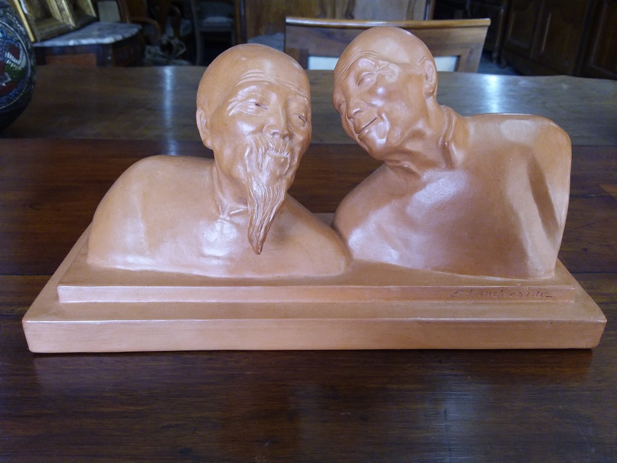 Subject In Terracotta Signed Gaston Hauchecorne Representing Two Asians-photo-5