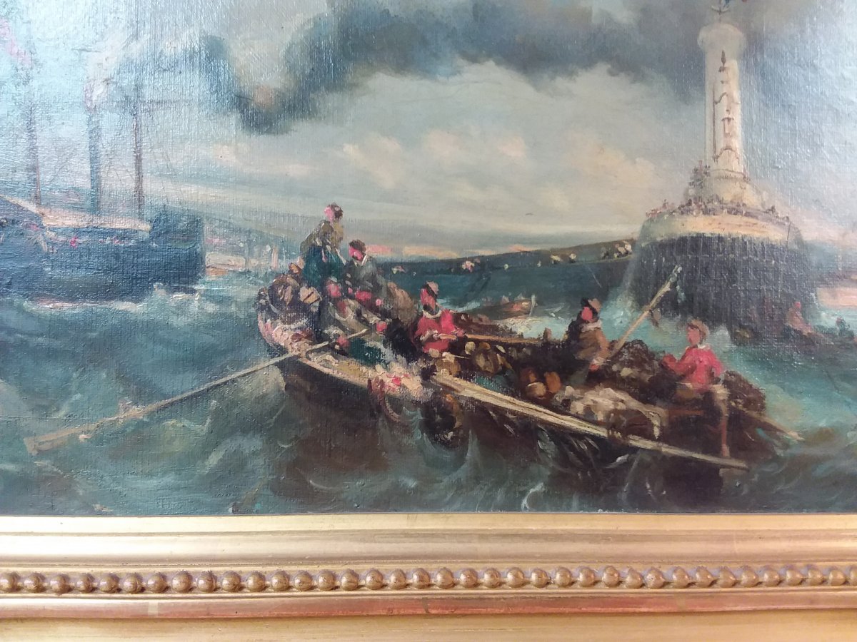 Tableau Représentant Une Marine , Entrée Au Port De Diverses Embarcations -photo-2