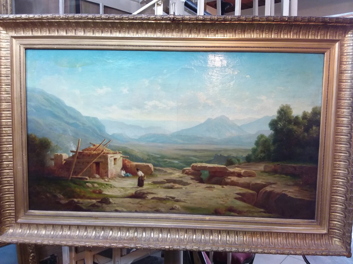 Table Representing A Hilly Landscape, In The Foreground A Ruined House And Characters