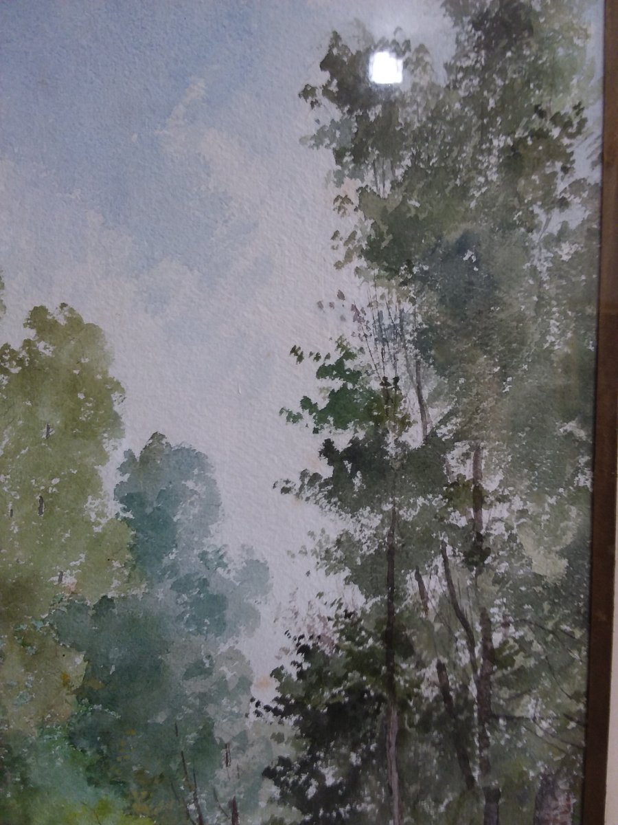 Watercolor Wooded Path Signed S. Bertrand-photo-2