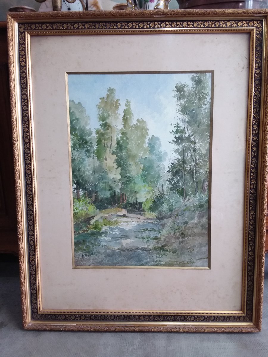 Watercolor Wooded Path Signed S. Bertrand