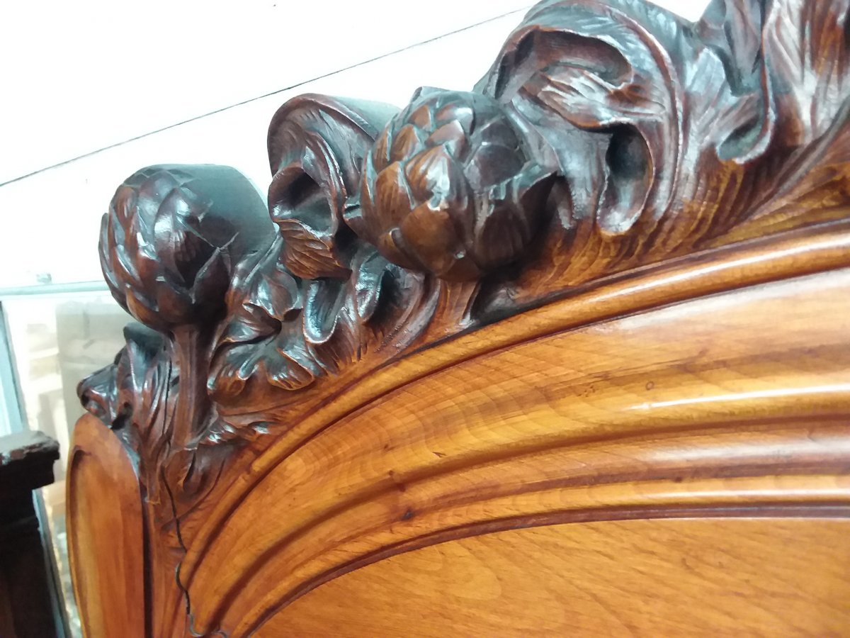 Art Nouveau Mirror In Carved Wood, Pediment Decorated With Artichoke Buds 1900-photo-2