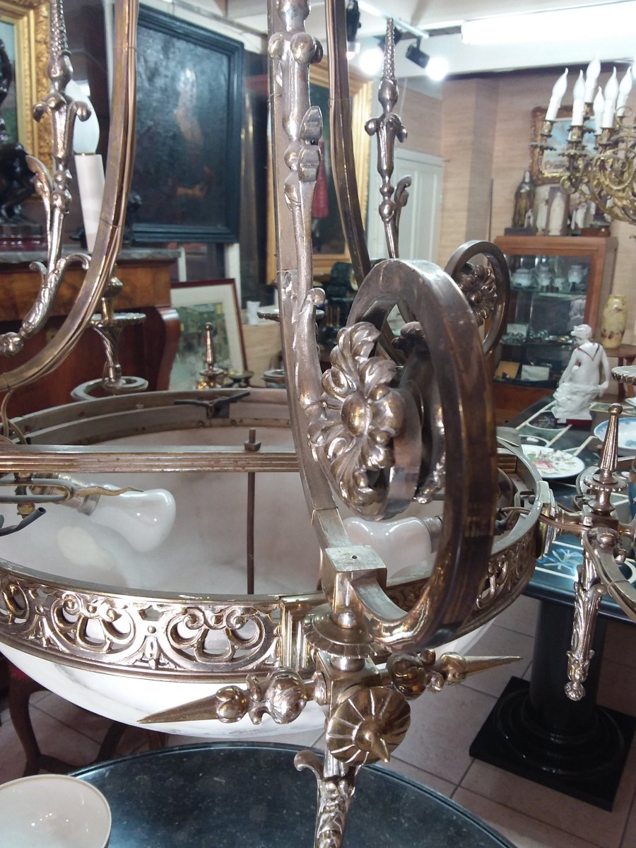 Lustre En Bronze Argenté Et Vasque En Albatre à 9 Lumières -photo-6