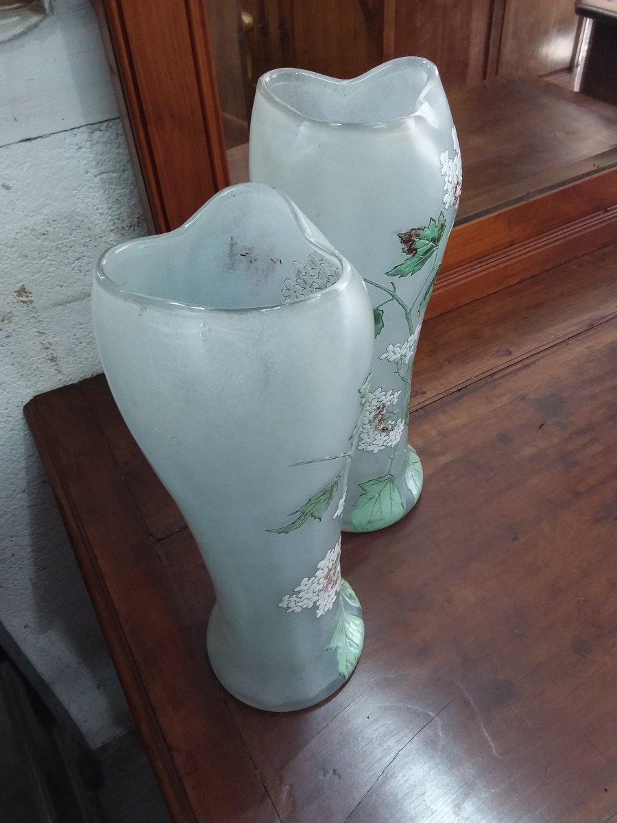 Pair Of Art Nouveau Enameled Glass Vases-photo-3