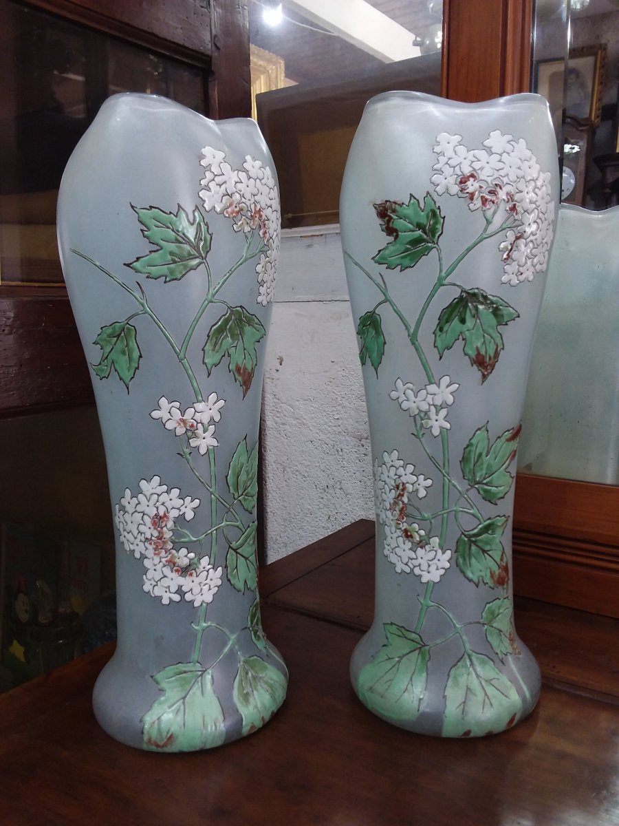 Pair Of Art Nouveau Enameled Glass Vases