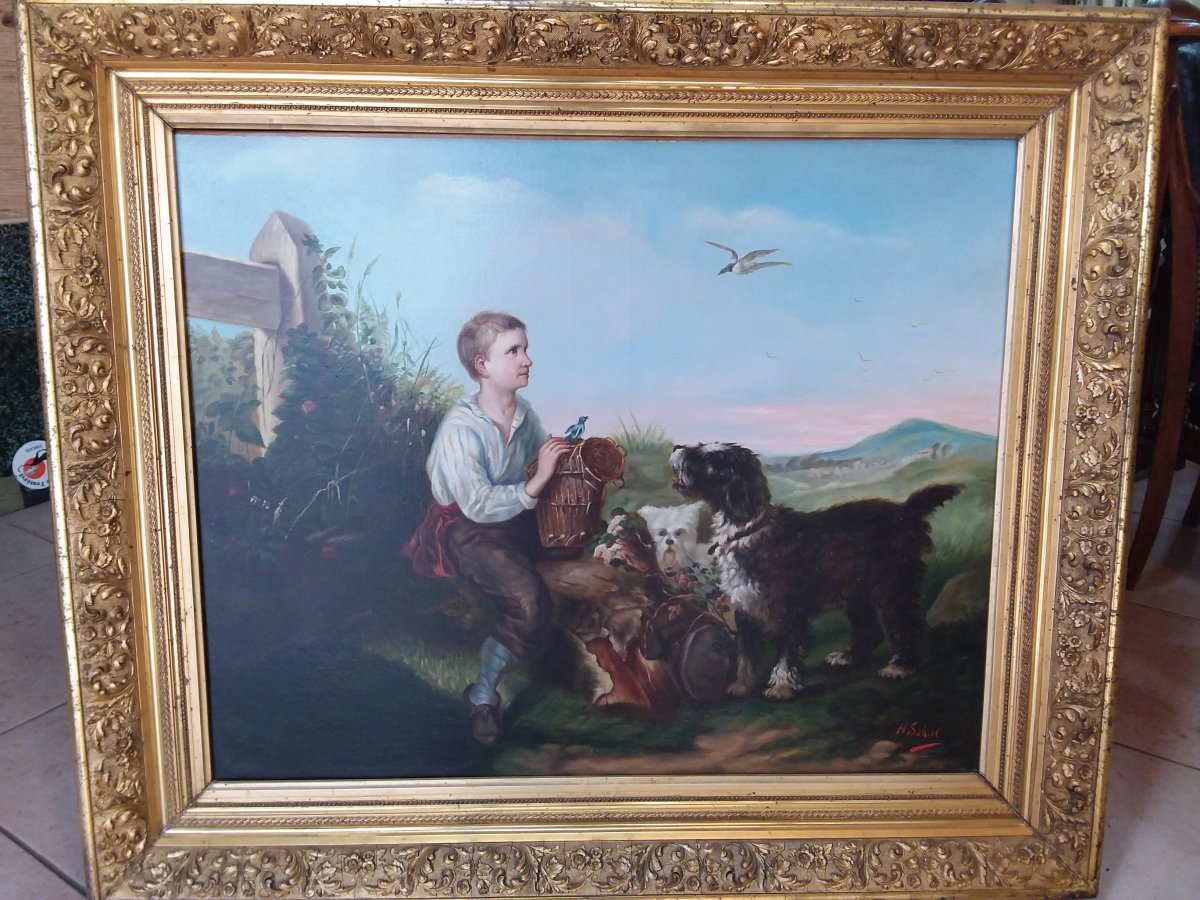 Table Representing A Young Boy With His Dogs In Its Original Frame Sign H Sahut