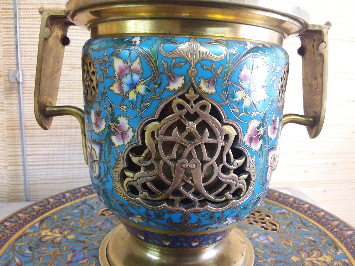 Centre De Table En Bronze Doré Et Emaux Champlevés Signé F Barbedienne-photo-2