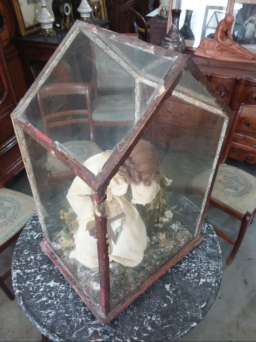 Jésus Endormi En Cire Dans Une Chasse En Verre , époque Fin XIXème -photo-3