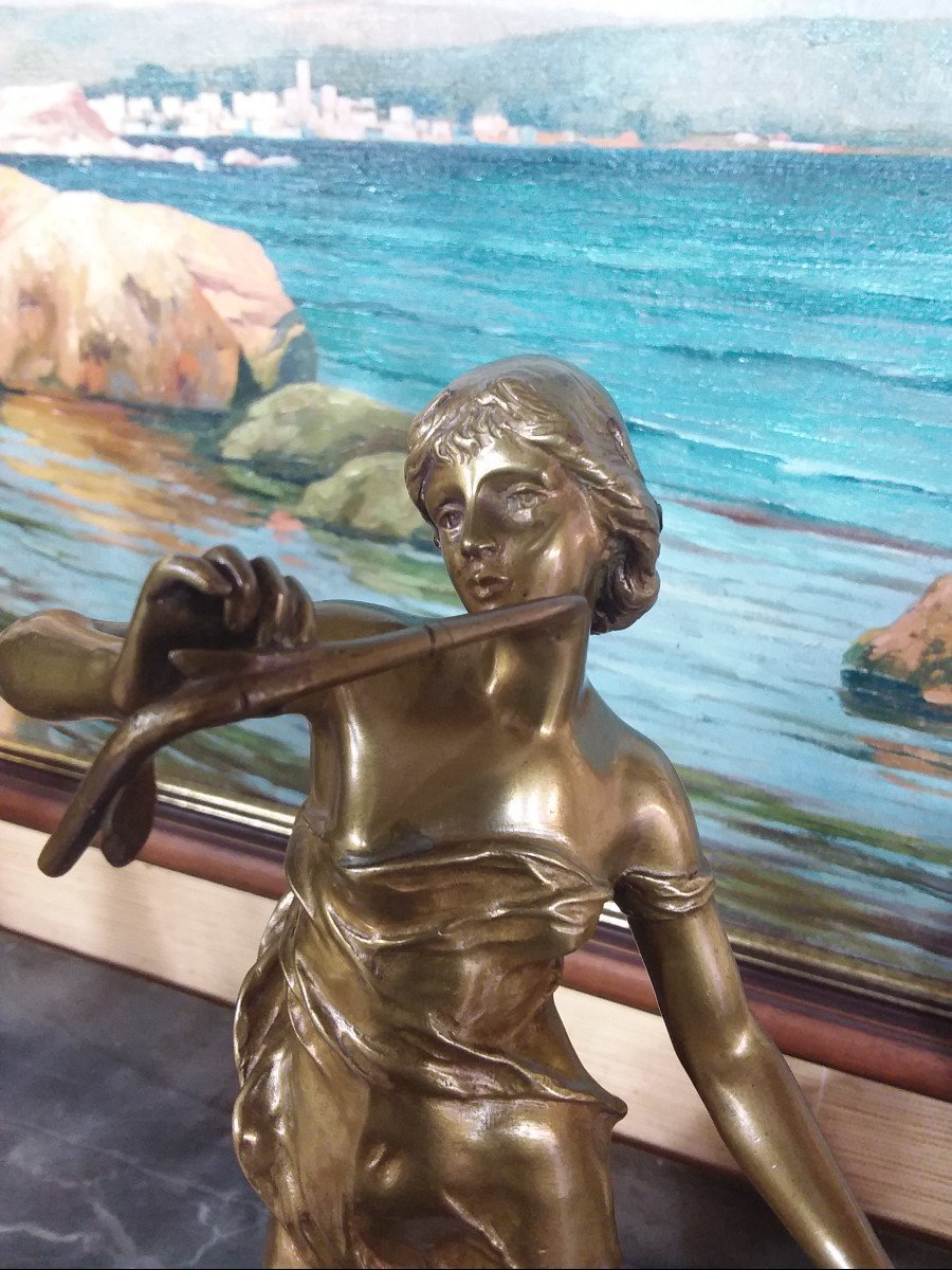 Bronze "jeune femme au roseau" par Julien CAUSSÉ patine mordorée sur base en marbre griotte-photo-4