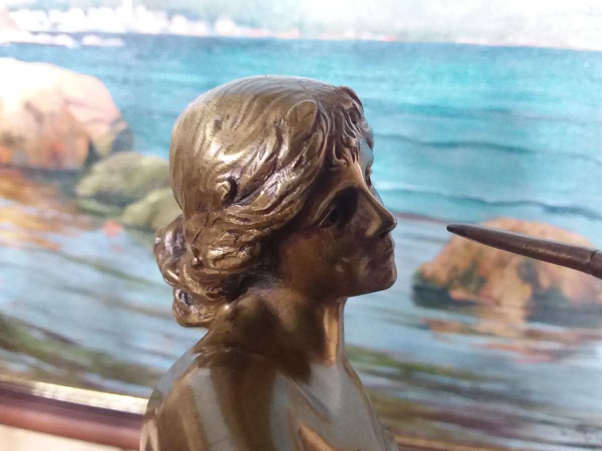 Bronze "jeune femme au roseau" par Julien CAUSSÉ patine mordorée sur base en marbre griotte-photo-2