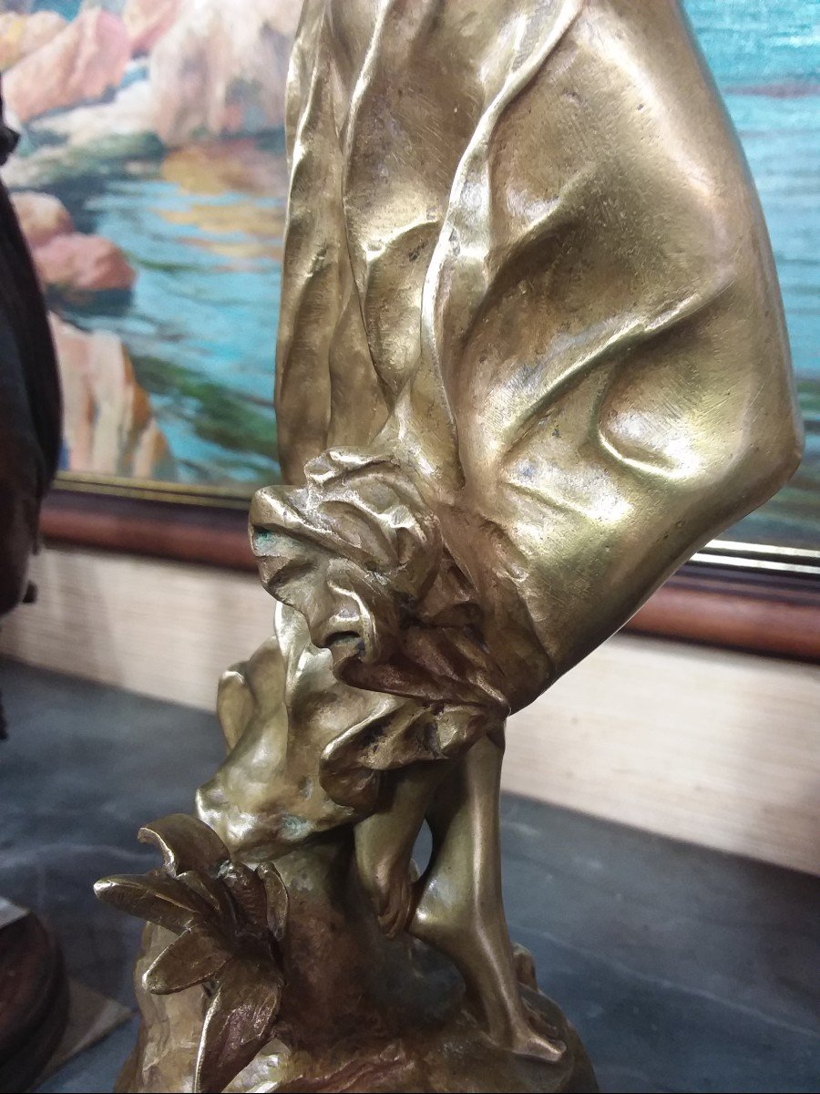 Bronze "young Woman With A Reed" By Julien CaussÉ Bronze Patina On Morello Cherry Marble Base-photo-4