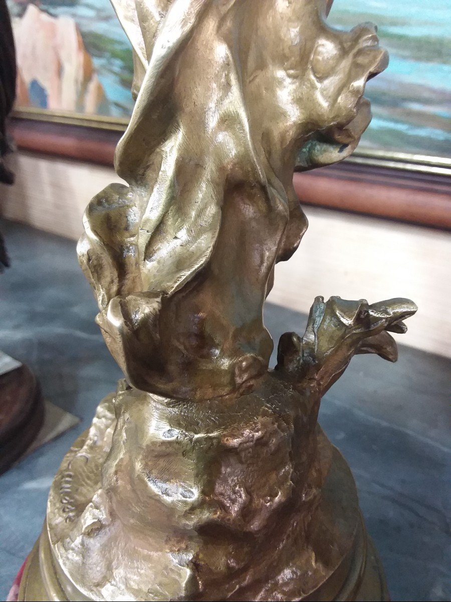 Bronze "young Woman With A Reed" By Julien CaussÉ Bronze Patina On Morello Cherry Marble Base-photo-7
