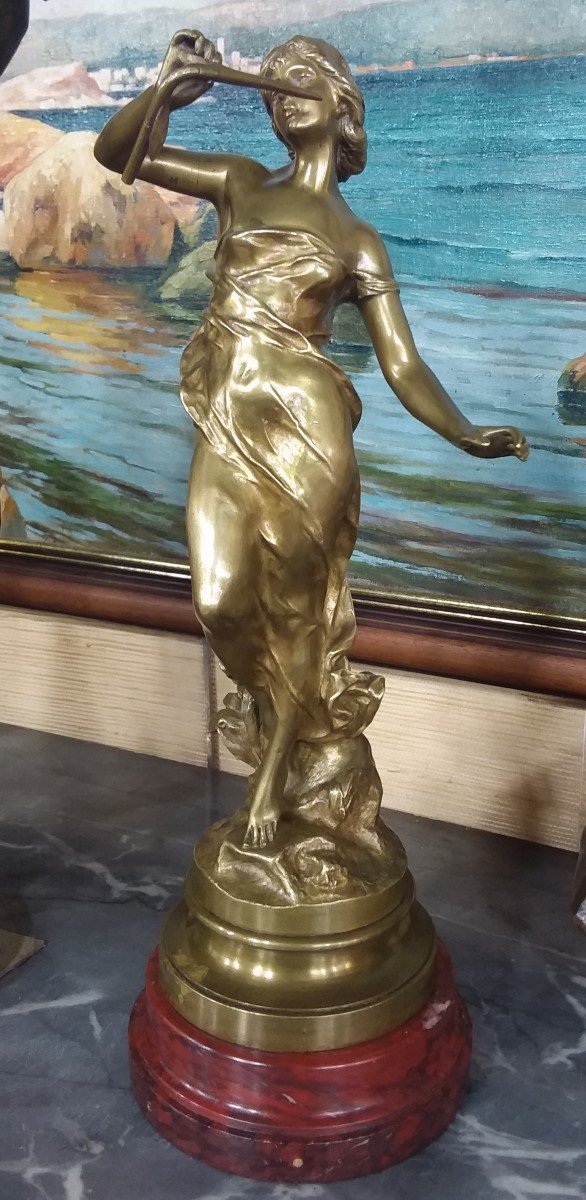Bronze "young Woman With A Reed" By Julien CaussÉ Bronze Patina On Morello Cherry Marble Base