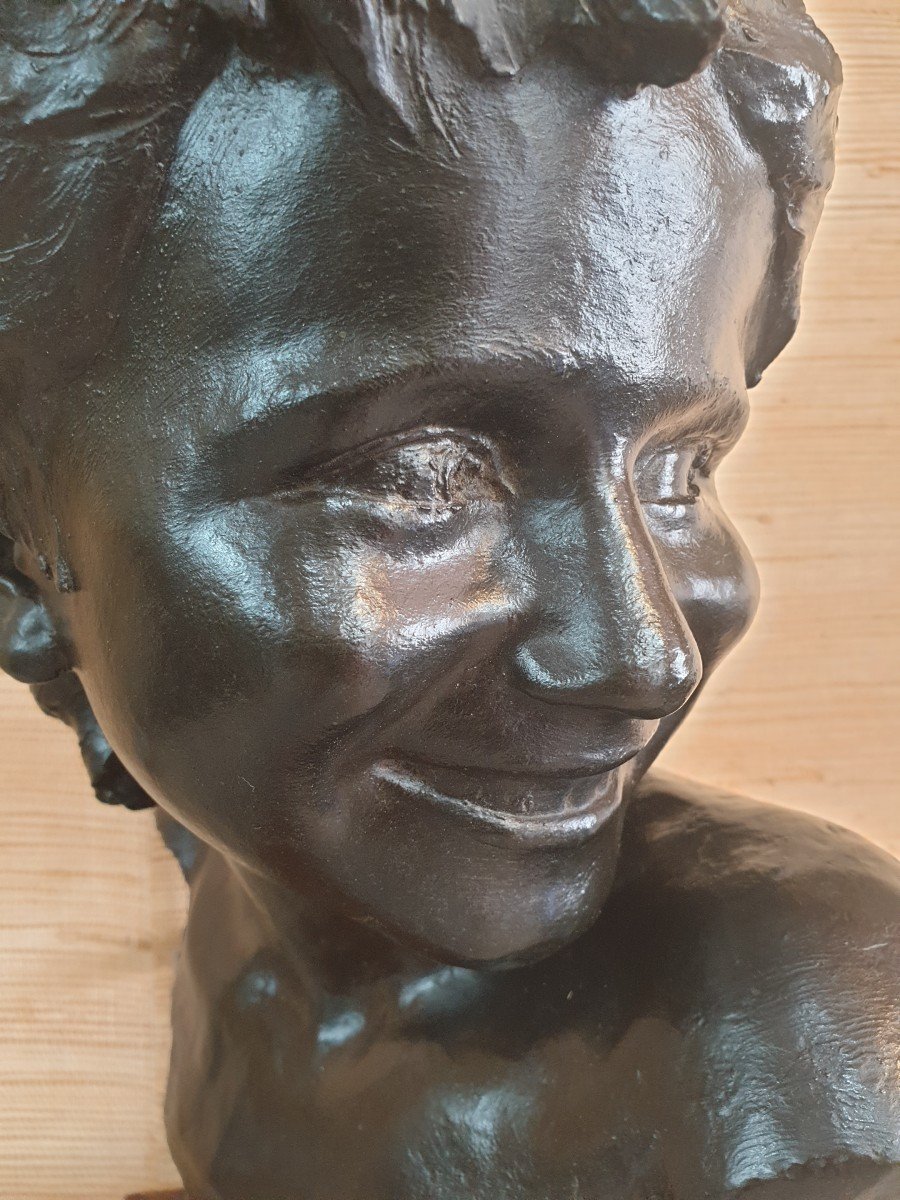 Bronze After Jean-antoine Injalbert Head Of A Smiling Girl-photo-3