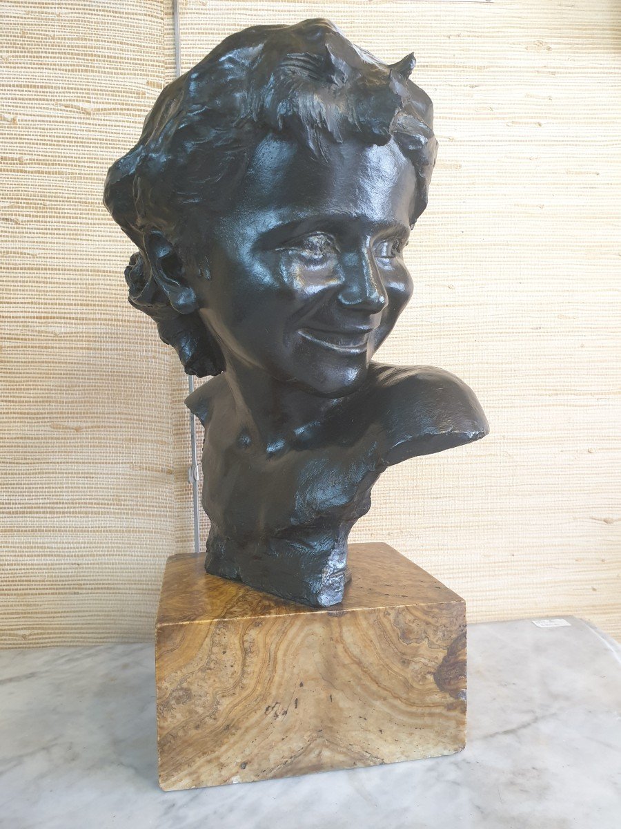 Bronze After Jean-antoine Injalbert Head Of A Smiling Girl-photo-4