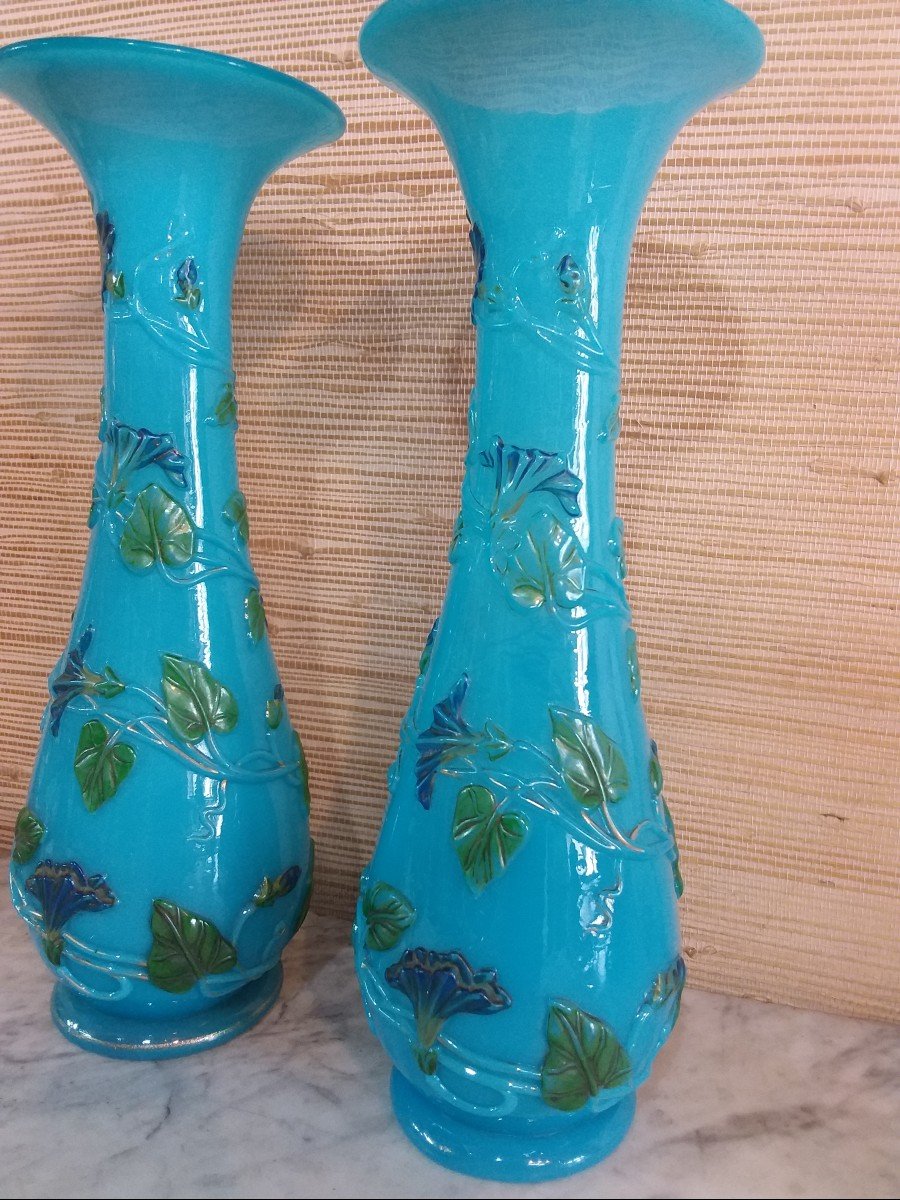 Pair Of Corolle Vases, Bindweed Decor On Blue Opaline Background-photo-3