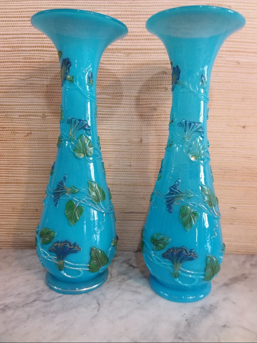 Pair Of Corolle Vases, Bindweed Decor On Blue Opaline Background-photo-4