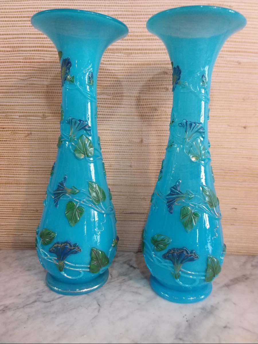 Paire De Vases Corolle , Decor De Liserons Sur Fond d'Opaline Bleue-photo-4