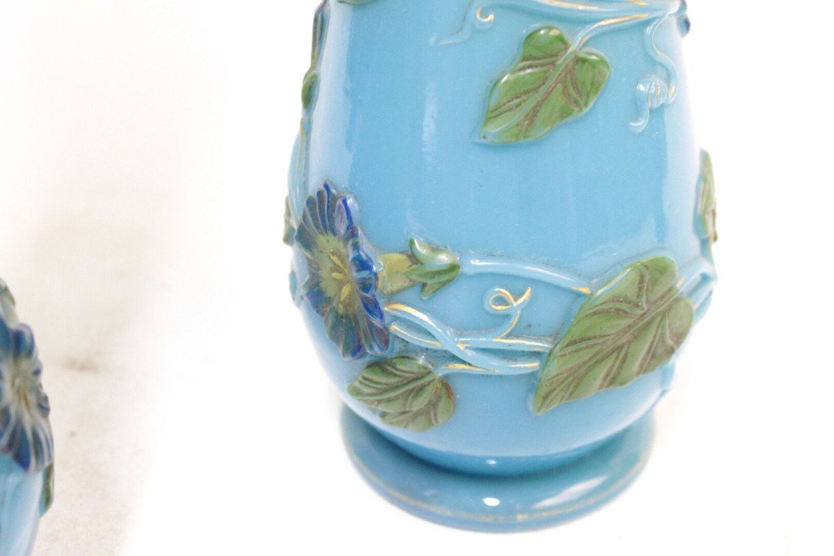 Paire De Vases Corolle , Decor De Liserons Sur Fond d'Opaline Bleue-photo-7