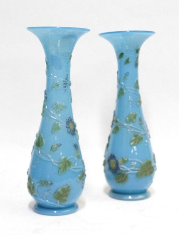 Paire De Vases Corolle , Decor De Liserons Sur Fond d'Opaline Bleue