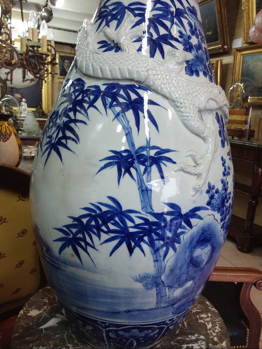 Très Grand Vase En Porcelaine Bleu Et Blanc , Japon époque Meiji-photo-4