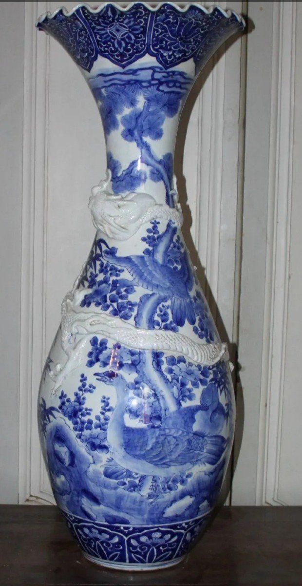 Très Grand Vase En Porcelaine Bleu Et Blanc , Japon époque Meiji-photo-5