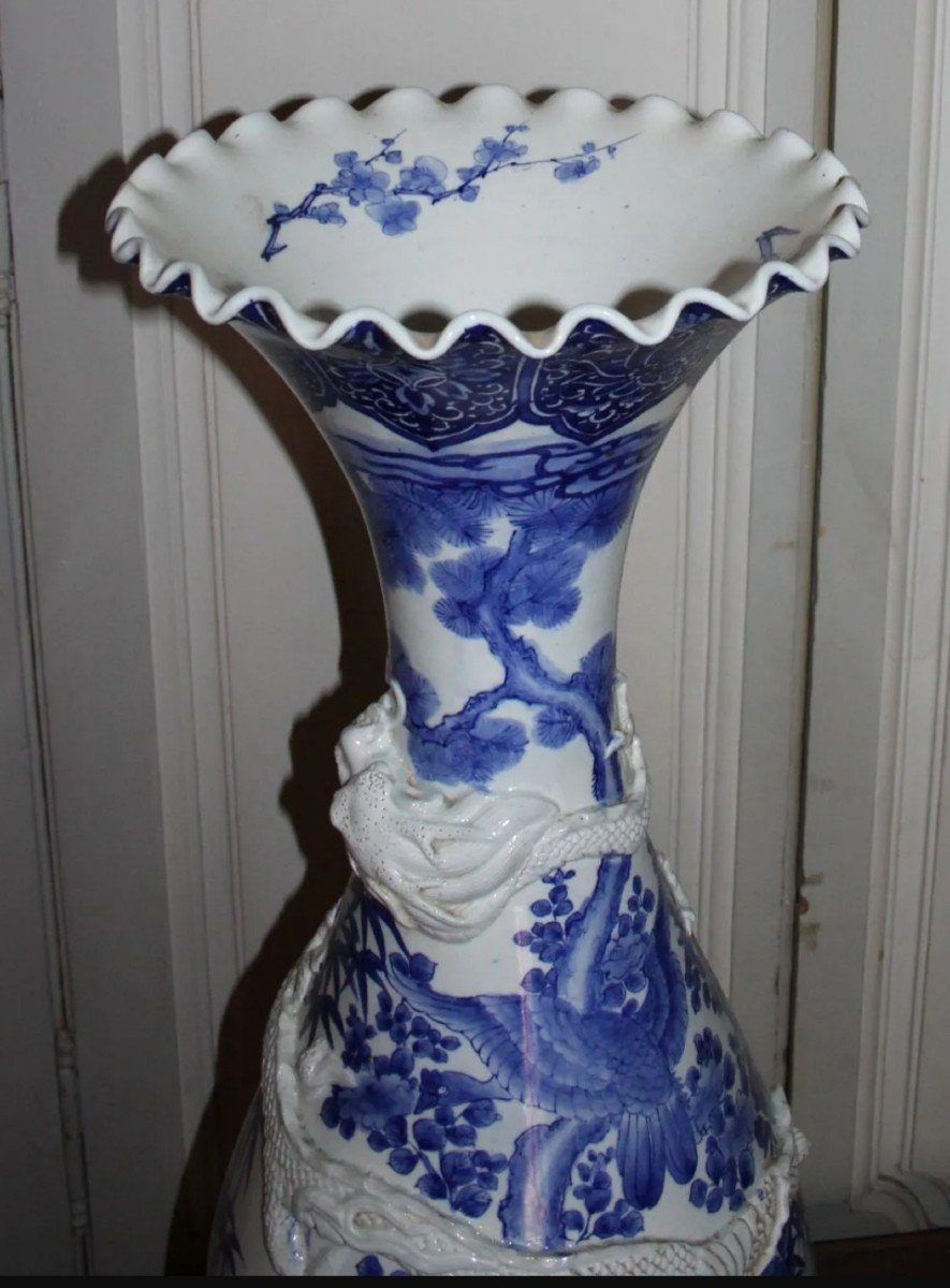 Très Grand Vase En Porcelaine Bleu Et Blanc , Japon époque Meiji-photo-7