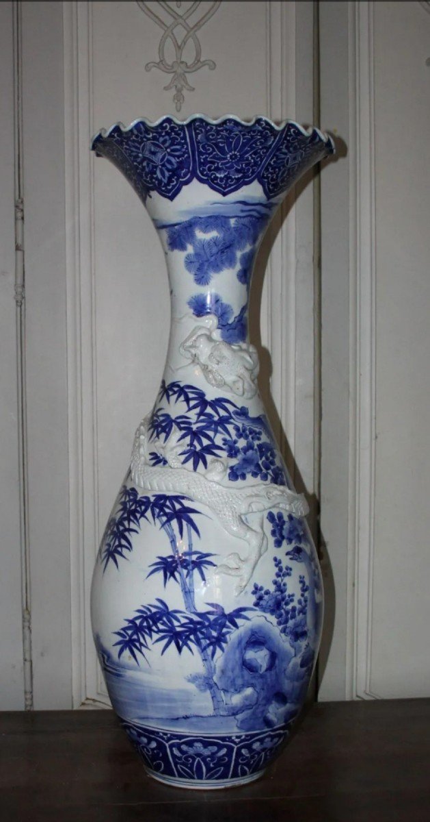 Très Grand Vase En Porcelaine Bleu Et Blanc , Japon époque Meiji-photo-8