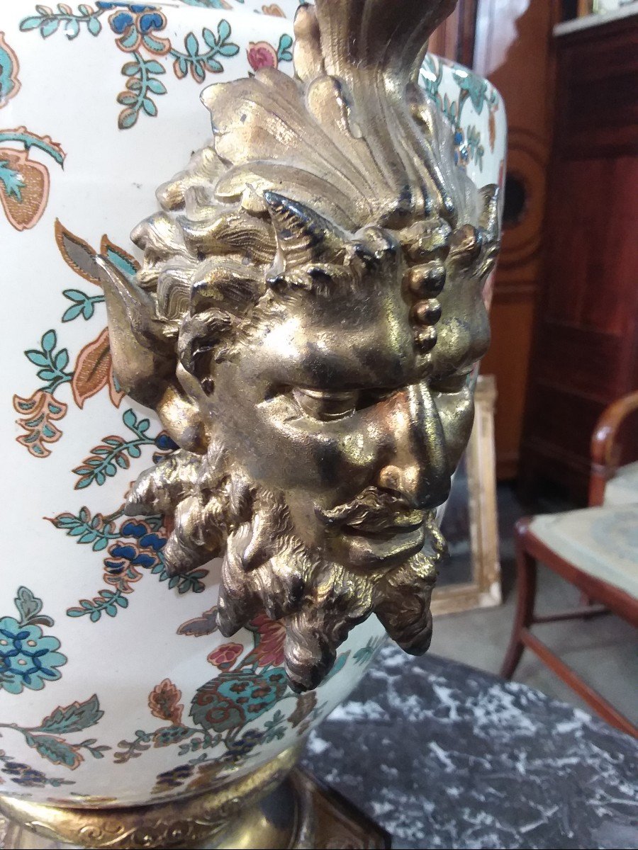 Important Vasse Sarreguemines Bronze Mount With Fauns Heads-photo-3