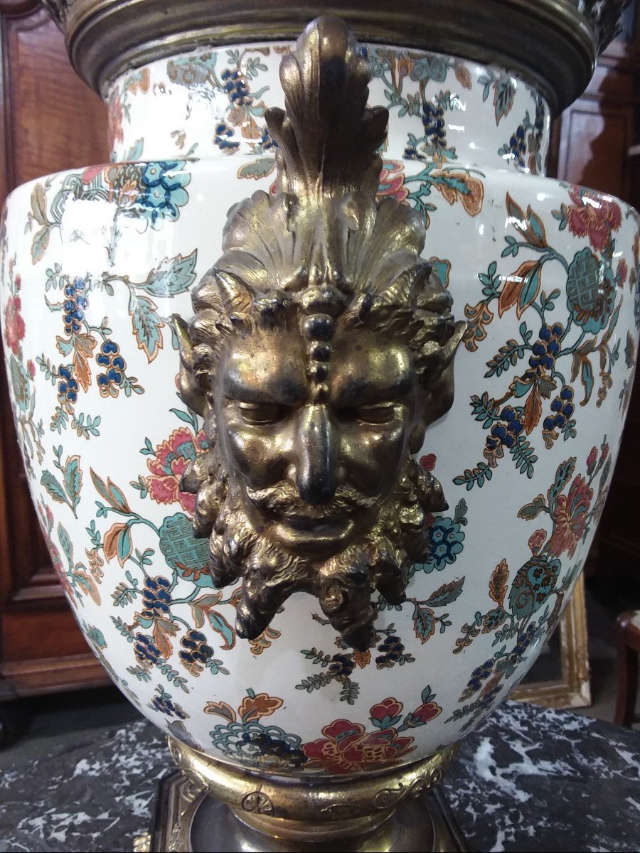 Important Vasse Sarreguemines Bronze Mount With Fauns Heads-photo-3