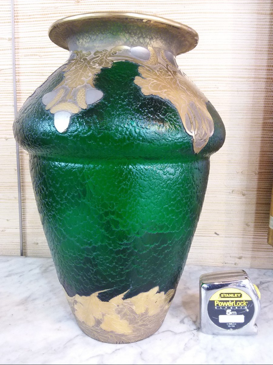 Important Napoleon III Vase Signed Montjoye In Green Frosted Glass, Decor With Silver Tassels-photo-2