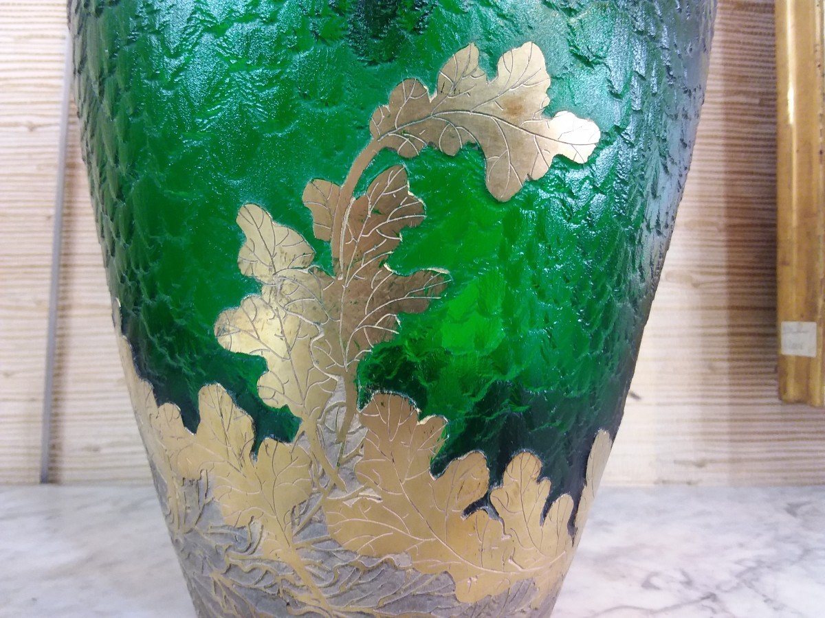 Important Napoleon III Vase Signed Montjoye In Green Frosted Glass, Decor With Silver Tassels-photo-6