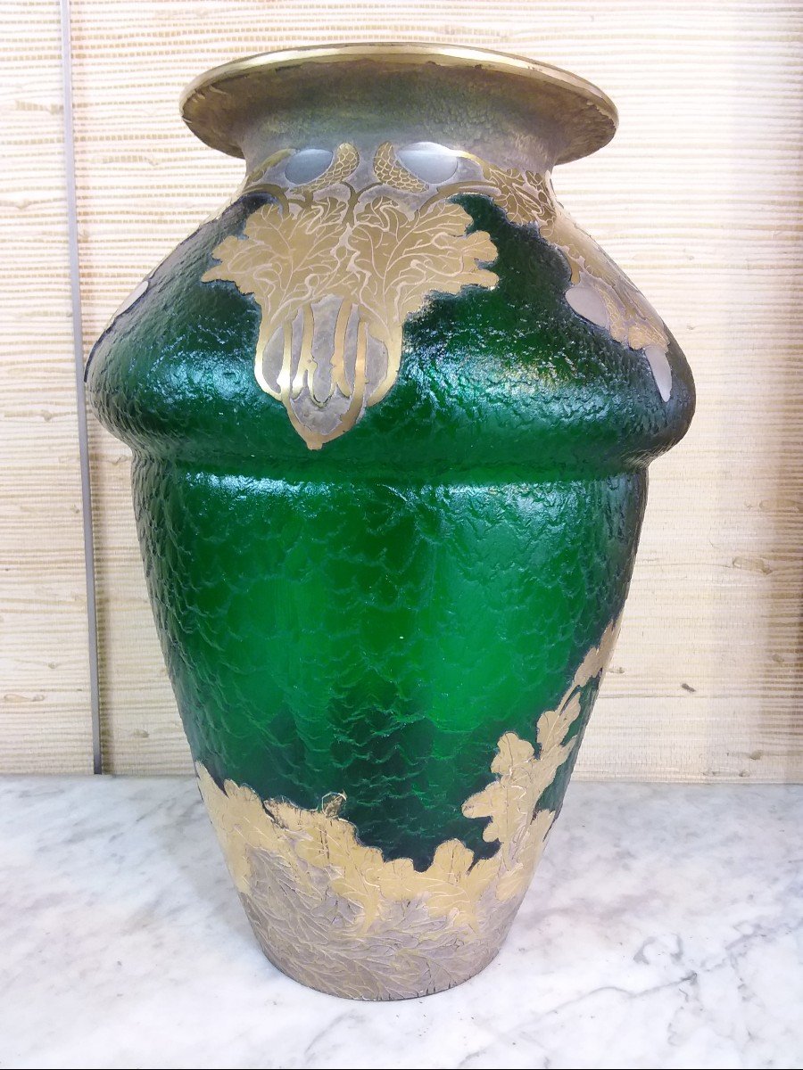 Important Napoleon III Vase Signed Montjoye In Green Frosted Glass, Decor With Silver Tassels