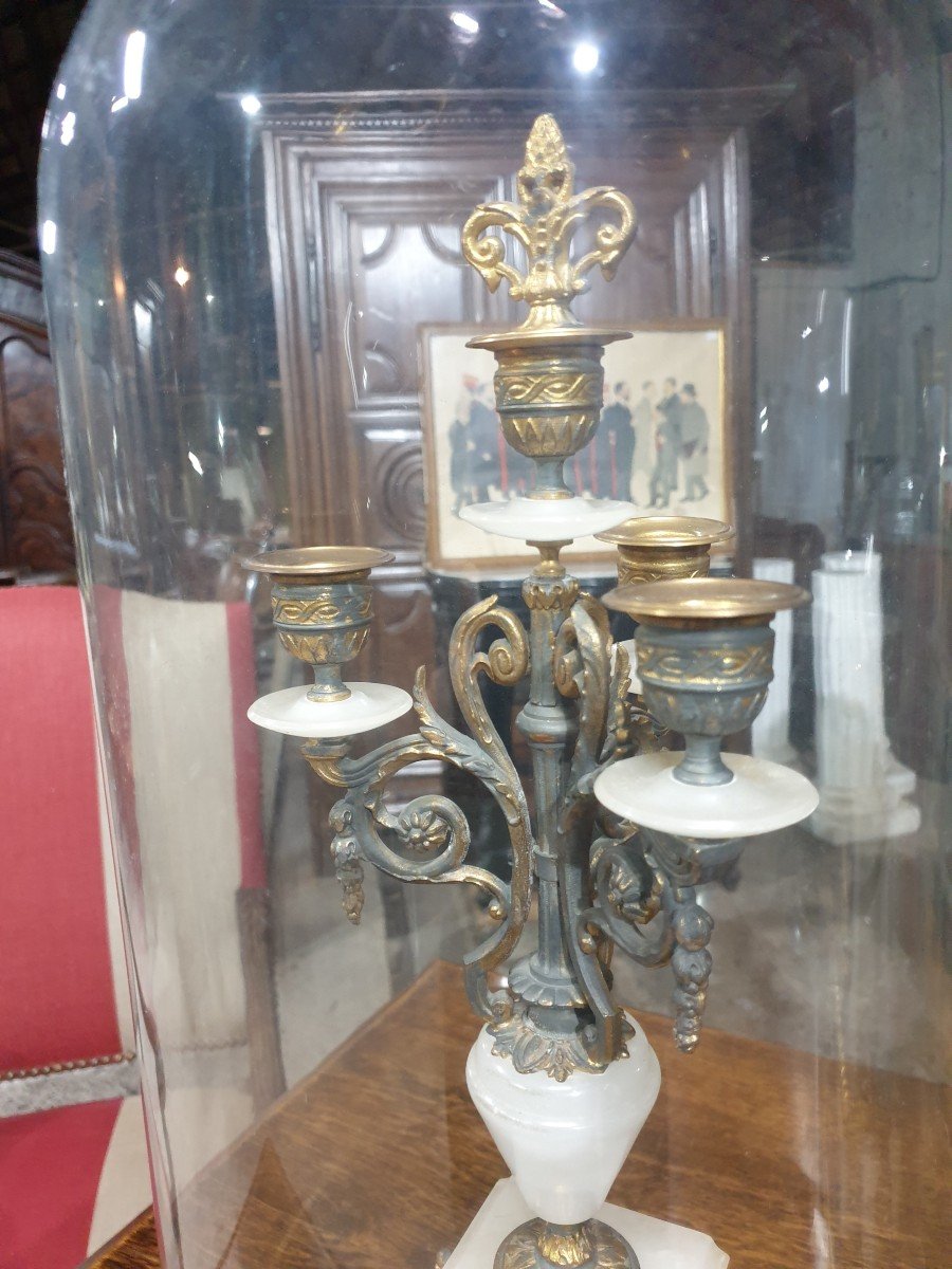 Alabaster And Golden Spelter Fireplace Trim Under Globes-photo-1