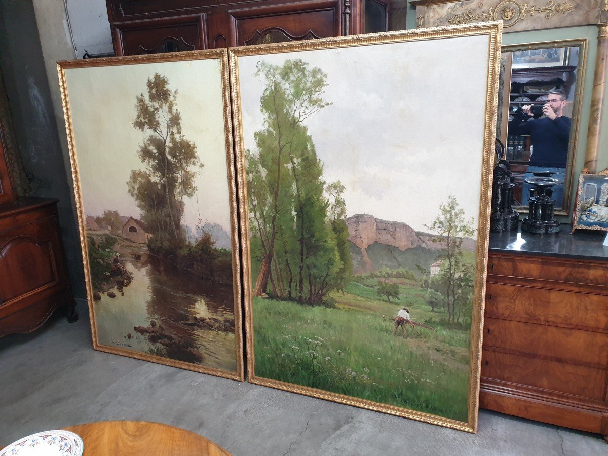 Two Large Oils On Canvas Signed Charles Rouviere-photo-4